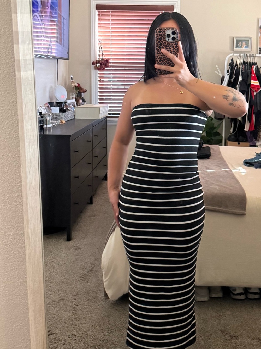 Women's Black & White Stripe Strapless Bodycon Midi Dress